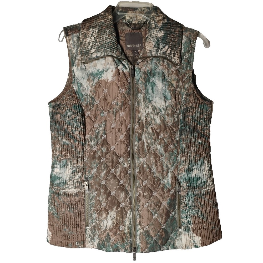 Spanner Womens Medium Quilted  Full Zip Up Collared Earth Tones Green Brown Vest